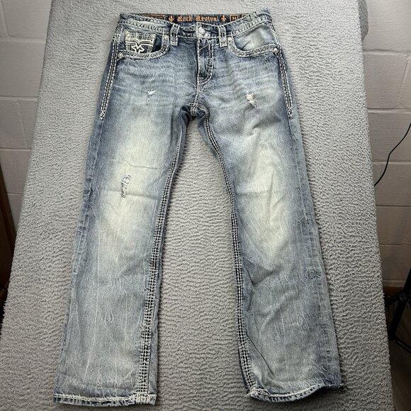 Rock Revival Igor Bootcut Blue Mens Jeans Size 34 Distressed - Picture 1 of 7